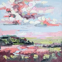 Landscape Painting Clouds Original Art Field Oil Painting Small Wall Art