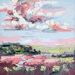 landscape painting clouds original art field oil painting small wall art