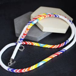 White Native American beaded long necklace, handmade design jewelry, perfect gift