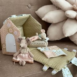 Cute kids toy - Fabric dollhouse kit with miniature sofa, pillow and blanket. Children gift ideas. Toddler girl gift