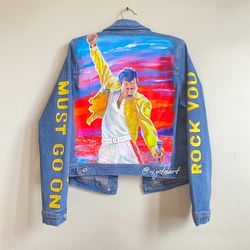 Freddie Mercury Queen Painted denim jacket Hand painted jacket Denim jacket abstract jacket jacket patch  jeans paint