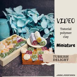 Miniature Turkish delights. TUTORIAL polymer clay. Miniature food. Video. Diy clay pattern. Dollhouse miniature.