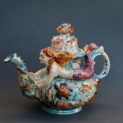 Beautiful Mermaid teapot, figurine, Porcelain art, Teapot figurine, Sea siren,Gold fish,seashells,sea turtle