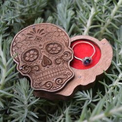 Wooden ring box SUGAR SKULL No.2. Engagement or wedding ring box. Box with hidden compartment