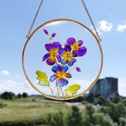 Violet flower suncatcher Window stained glass hanging Flower sun catcher Botanical glass art