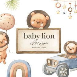 Baby Lion Watercolor Clipart Animal pilot, Driver, Kids Clipart, Nursery decor, Baby boy, Its a boy, Kids Art, Nursery