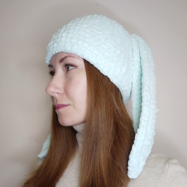 Plush bunny beanie hand knit Bunny beanie crochet mint color | Inspire ...