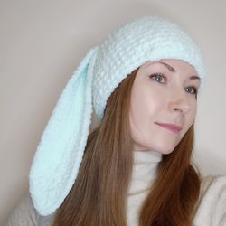 Plush bunny beanie hand knit Bunny beanie crochet mint color Fluffy bunny hat adult