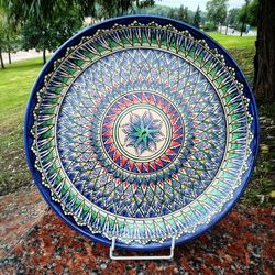 Ceramic large bowl diameter 14.76 inches Pottery plate handmade with color pattern