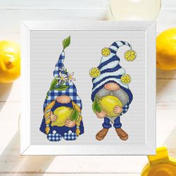 Lemon gnomes cross stitch pattern PDF, gnome cross stitch, summer cross stitch, lemon cross stitch