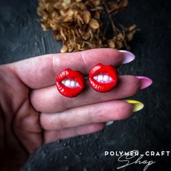 Red earrings,unusual earrings,funny earrings,stud earrings lips,clay jewelry
