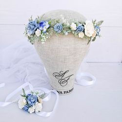 Blue flower headpiece, Baby shower ideas, Blue flower crown, Bridal flower crown, Blue floral crown, Rustic flower crown