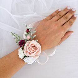Blush Burgundy corsage, Bridesmaid corsage, Bridal corsage, Wedding corsage, Blush rose corsage, Mothers corsage