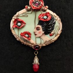 Brooch Virgo with poppies, poppies pendant, Brooch with poppies,Red poppies