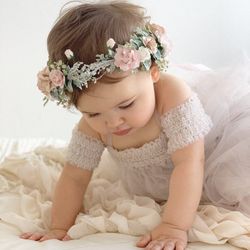 Child headband, Flower girl crown, Blush baby flower crown, Toddler flower crown.
