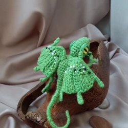 Green fantasy fairy dragon, Crochet amigurumi handmade mini dragon. Computer desk decor. Amigurumi animals