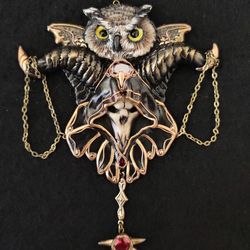 Art Necklace Wise Owl, Gothic necklace Owl,Sculptural necklace