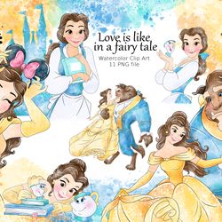 Beauty and the beast , Princess Belle watercolor clip art, prince watercolor, prince download, princess and prince png,