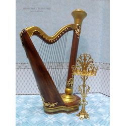 Harp. Imitation of musical instrument. Handicraft Miniatures. Dollhouse miniature. Scale 1:12.
