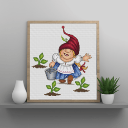 Garden gnome girl cross stitch pattern PDF, gnome cross stitch, summer cross stitch