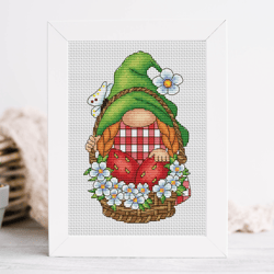 Strawberry gnome cross stitch pattern PDF, gnome cross stitch, strawberry cross stitch