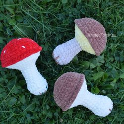 Thanksgiving autumn toadstool decor, mushroom plush toy set of 3, fly agaric toy, rustic decor by KnittedToysKsu