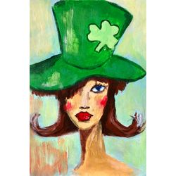 Irish Girl Painting St Patrick's Day Wall Art Original Art Female Portrait Irish Green Hat Art Saint Patrick's day gift