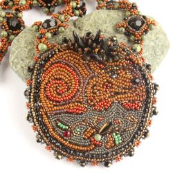 talisman necklace embroidered pendant beaded necklace amulet ethnic pendant dog totem pendant round brown necklace