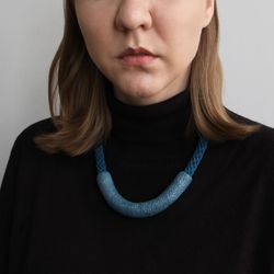 Statement blue necklace, Polymer clay and cotton contemporary jewelry