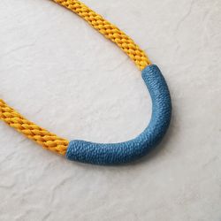 Blue polymer clay necklace with yellow cotton cord, statement contemporary jewelry