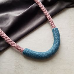 Blue clay necklace with pink cotton cord, statement contemporary jewelry