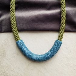 Blue clay necklace with green cotton cord, statement contemporary jewelry