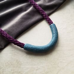 Blue clay necklace with purple cotton cord, statement contemporary jewelry