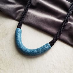 Blue clay necklace with black cotton cord, statement contemporary jewelry