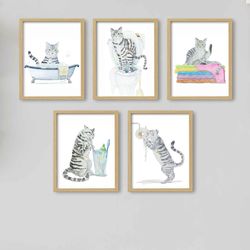 Bathroom Gray Tabby Cat Print set of 5 Cat Art, Cat Decor, Watercolor Painting, Bathroom Art, Cat Lover Gift