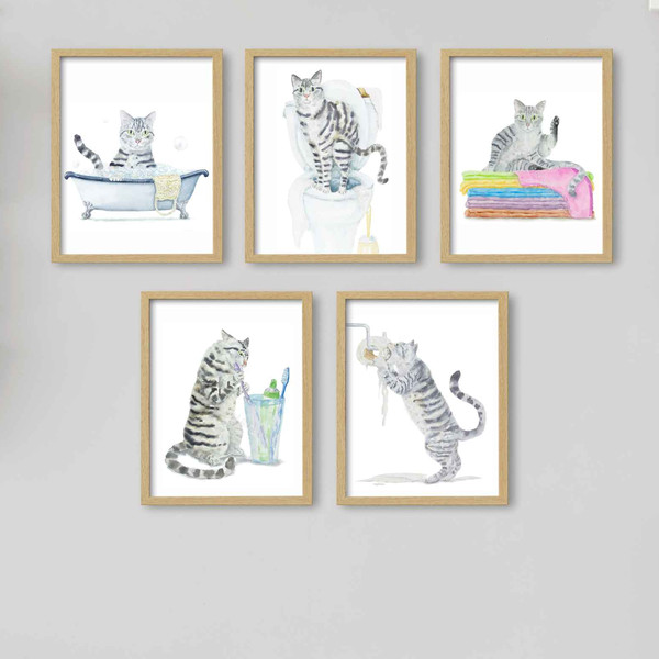 Bathroom Cat Print Art Decor Cat Painting  bathgraytabby-set5-new-3.jpg