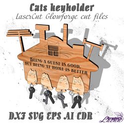 cats key with cat pedants holder vector model for laser cut cnc plan, 3 mm, dxf cdr ai eps svg vector files for lasercut