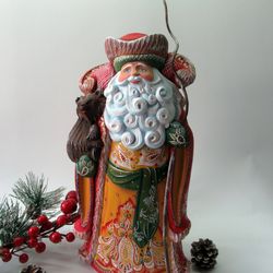 Wooden painted Russian Santa in a red coat, hand carved figurine, Collectable russian Santa, Christmas gift 13 inch