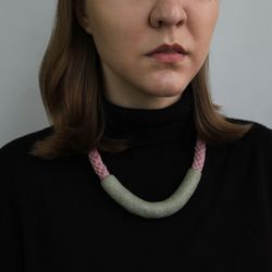 Green and pink statement necklace, polymer clay and cotton contemporary jewelry