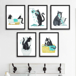 Bathroom Tuxedo Cat Print set of 5 Cat Art, Cat Decor, Watercolor Painting, Bathroom Art, Cat Lover Gift