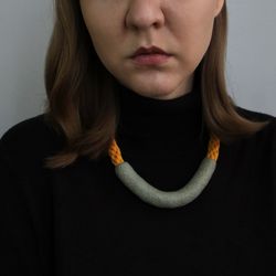 Green and yellow statement necklace, polymer clay and cotton contemporary jewelry