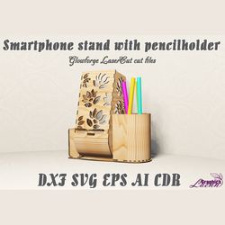 Smartphone stand with pencilholder vector model for laser cut cnc plan, 3 mm, DXF CDR ai eps svg vector files, glowforge