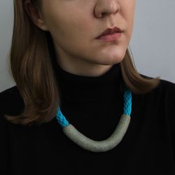 Green and light blue statement necklace, polymer clay and cotton contemporary jewelry