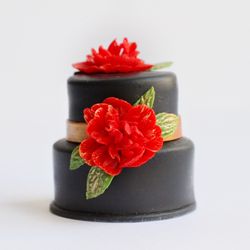Dollhouse miniature food, black cake with red peonies at 1:12 scale