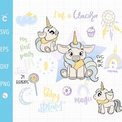 SVG Unicorn baby clipart, Rainbow svg, Unicorn baby shower, Nursery clip art Rainbow vector, Unicorn SVG cut file