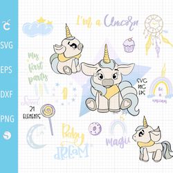 svg unicorn baby clipart, rainbow svg, unicorn baby shower, nursery clip art rainbow vector, unicorn svg cut file