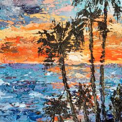 Sunset seascape painting Original acrylic painting Beach painting Palm tree art Small art Home decor
