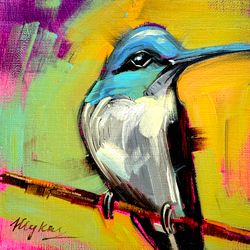 hummingbird painting bird painting oil painting original art animal wall art small artwork 5 by 5" katrinaorlovaart