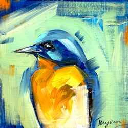 blue bird painting bird painting oil painting original art animal wall art small artwork 5 by 5" katrinaorlovaart