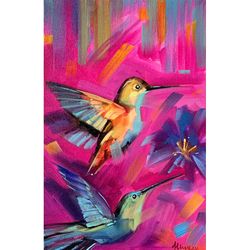 Hummingbird Painting Floral Painting Bird Original Art Oil Painting Animal Painting Small Artwork 12 by 8"